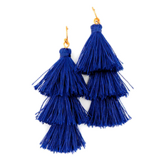 Load image into Gallery viewer, LA BOHÉME 3-Tiered Silk Tassel Drop Earrings in Cobalt