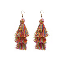 Load image into Gallery viewer, LA BOHÉME 3-Tiered Silk Tassel Drop Earrings in Rainbow Delight